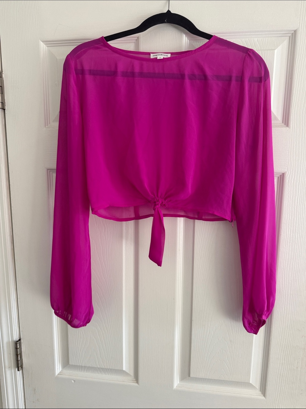 Superdown Sheer Tie-Front Long-Sleeve Crop Top in Magenta